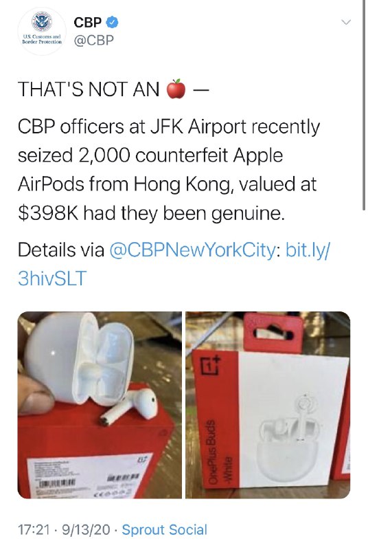 美国海关宣布截取了一批香港出口的假冒AirPods🐶🐶😂😂 #科技圈大小事