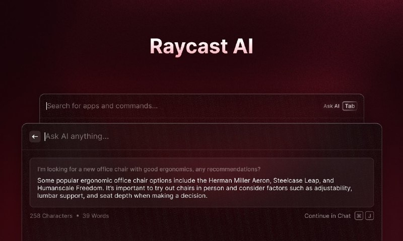 Raycast AI 正式向所有人公开，同时发布的还有Raycast Pro订阅服务每月8美元，主要的功能有