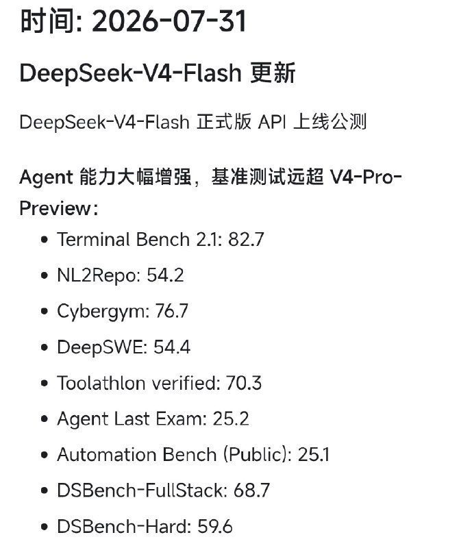 Deepseek V4 Flash 更新到正式版了，Agent 能力大幅提升，超过了 V4 Pro 的 Preview 版本！官方测评成绩